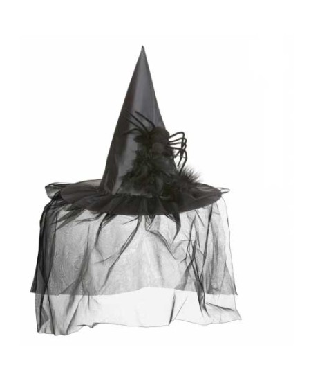 SOMBRERO BRUJA NEGRO CON ARAÑA Y TULES