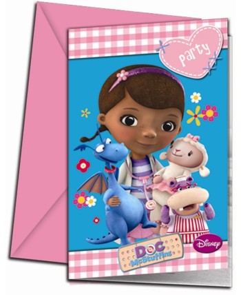 INVITACIONES DOCTORA JUGUETES CON SOBRE 6 UNIDADES