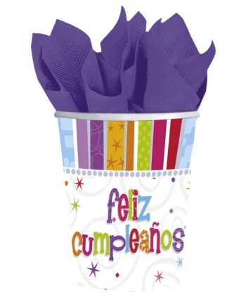 VASO FELIZ CUMPLEAÑOS COLORES 8 UNIDADES