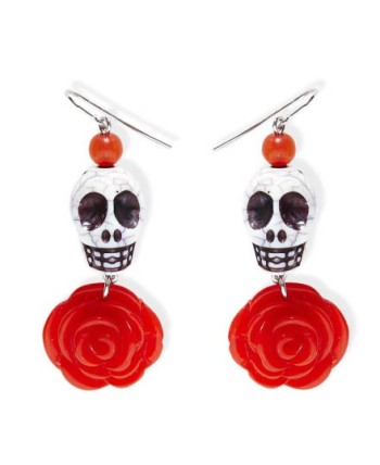 PENDIENTES CALAVERA MEJICANA BLANCA CON FLO ROJA