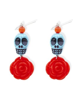 PENDIENTES CALAVERA MEJICANA AZUL CON FLOR ROJA