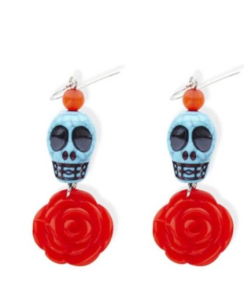 PENDIENTES CALAVERA MEJICANA AZUL CON FLOR ROJA