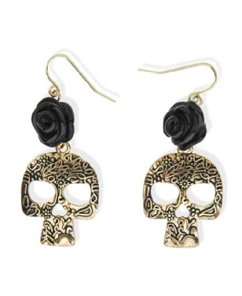 PENDIENTES CALAVERA DORADOS CON ROSA NEGRA