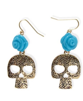 PENDIENTES CALAVERA DORADOS CON ROSA AZUL