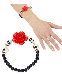 PULSERA DE BOLAS CON ROSA ROJA Y CALAVERAS