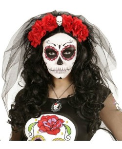 VELO NEGRO CON ROSAS ROJAS CALAVERA MEJICANA