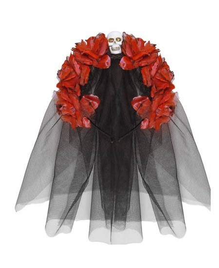 VELO NEGRO CON ROSAS ROJAS CALAVERA MEJICANA