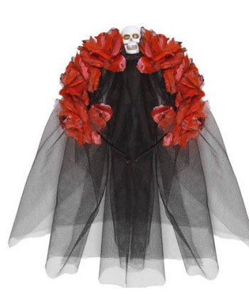 VELO NEGRO CON ROSAS ROJAS CALAVERA MEJICANA
