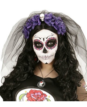VELO NEGRO CON ROSAS MORADAS CALAVERA MEJICANA