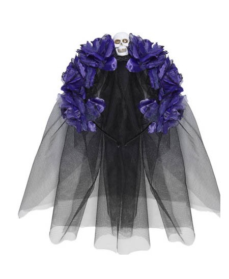 VELO NEGRO CON ROSAS MORADAS CALAVERA MEJICANA