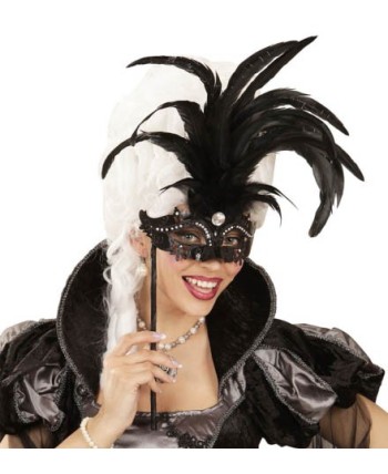 ANTIFAZ CON VARILLA NEGRO CON PLUMAS Y PERLA