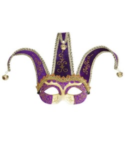 ANTIFAZ BUFON DORADO Y MORADO CON CASCABELES