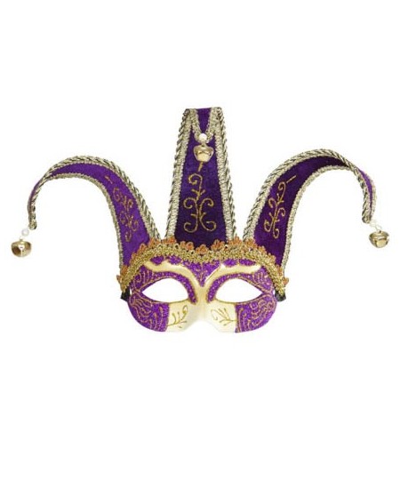 ANTIFAZ BUFON DORADO Y MORADO CON CASCABELES