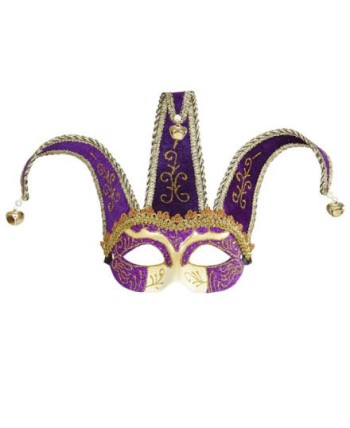 ANTIFAZ BUFON DORADO Y MORADO CON CASCABELES