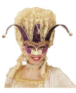 ANTIFAZ BUFON DORADO Y MORADO CON CASCABELES 2