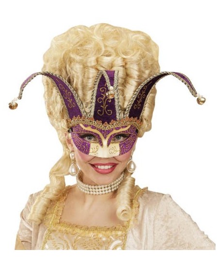 ANTIFAZ BUFON DORADO Y MORADO CON CASCABELES
