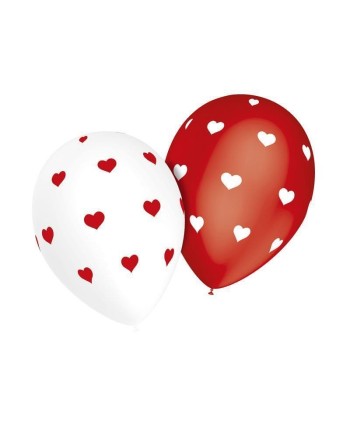 BOLSA 8 GLOBOS BLANCO CON CORAZONES ROJOS