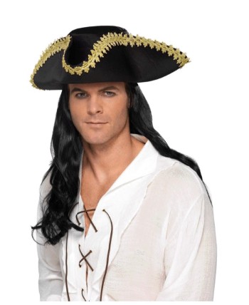 SOMBRERO PIRATA NEGRO CON BORDE DORADO