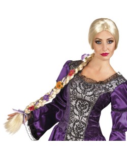 PELUCA TRENZA RUBIA LARGA RAPUNZEL CON FLORES
