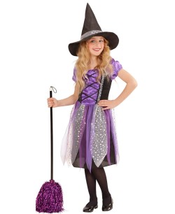 DISFRAZ DE BRUJA MORADO CON BRILLANTINA PARA NIÑA
