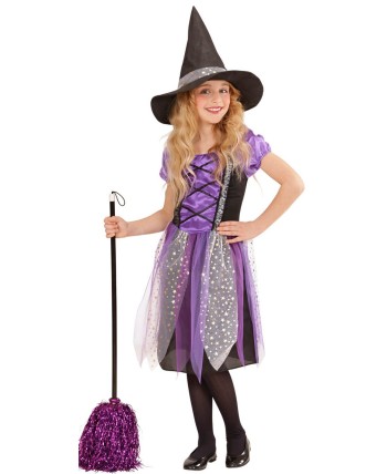 DISFRAZ DE BRUJA MORADO CON BRILLANTINA PARA NIÑA