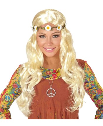 PELUCA RUBIA ONDULADA SIN FLEQUILLO CON CINTA DE MARGARITAS