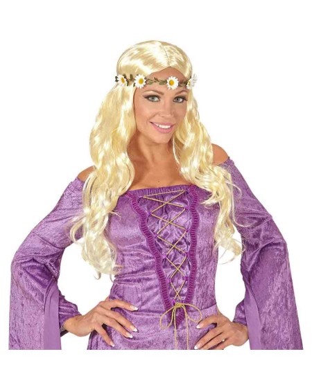 PELUCA RUBIA ONDULADA SIN FLEQUILLO CON CINTA DE MARGARITAS