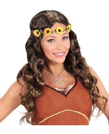 PELUCA CASTAÑA ONDULADA SIN FLEQUILLO CON CINTA DE FLORES