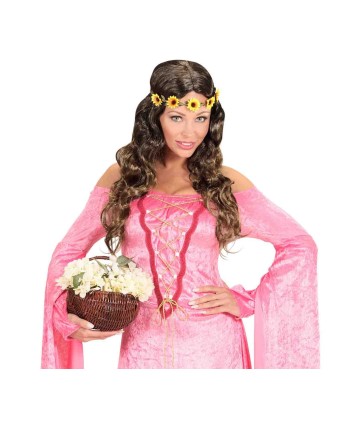 PELUCA CASTAÑA ONDULADA SIN FLEQUILLO CON CINTA DE FLORES