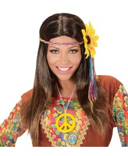 PELUCA CASTAÑA MECHAS CON CINTA DE FLOR GRANDE