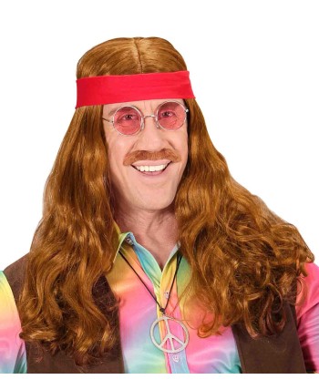 PELUCA HOMBRE CASTAÑA LARGA HIPPIE CON BANDA Y BIGOTE