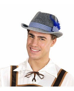 SOMBRERO TIROLES GRIS CON BANDA Y PLUMAS AZUL Y BLANCO