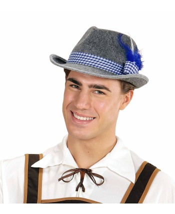 SOMBRERO TIROLES GRIS CON BANDA Y PLUMAS AZUL Y BLANCO