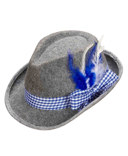SOMBRERO TIROLES GRIS CON BANDA Y PLUMAS AZUL Y BLANCO