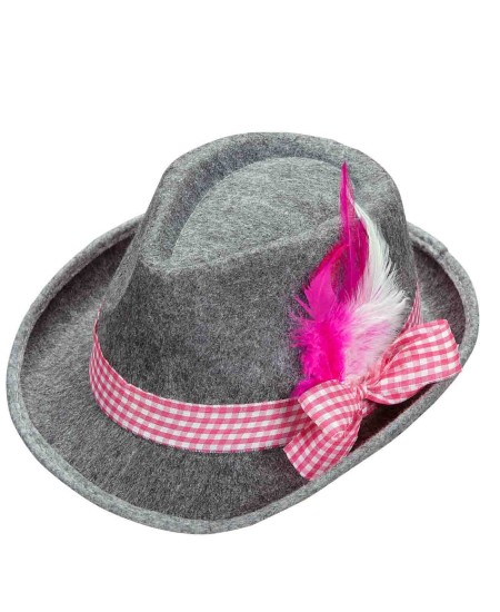 SOMBRERO TIROLES GRIS CON BANDA Y PLUMAS ROSA Y BLANCO