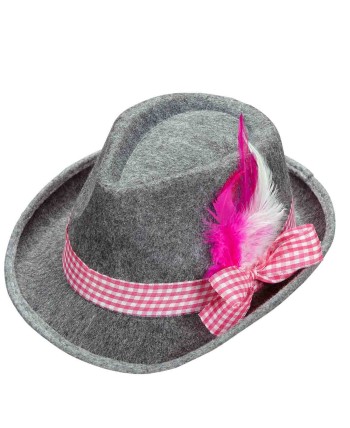 SOMBRERO TIROLES GRIS CON BANDA Y PLUMAS ROSA Y BLANCO