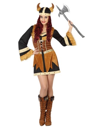DISFRAZ DE VIKINGA MARRON CON PIEL