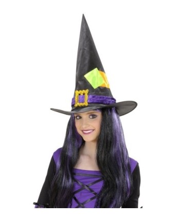 SOMBRERO BRUJA NEGRO CON CINTA MORADA PARCHE INFANTIL