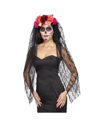 VELO NEGRO DE ENCAJE CON FLORES CALAVERA MEJICANA