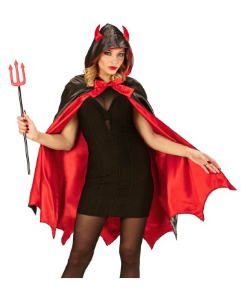 CAPA ROJA Y NEGRA CON CAPUCHA Y CUERNOS DE DEMONIO