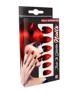 UÑAS ROJAS Y NEGRAS CON ADHESIVO 12 UNIDADES