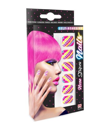 UÑAS NEON RAYAS CON ADHESIVO 12 UNIDADES