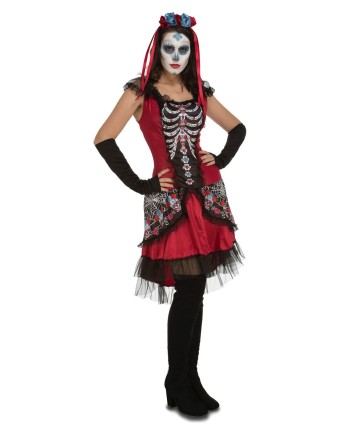 DISFRAZ DE CALAVERA MEXICANA FALDA CORTA ROJA PARA MUJER