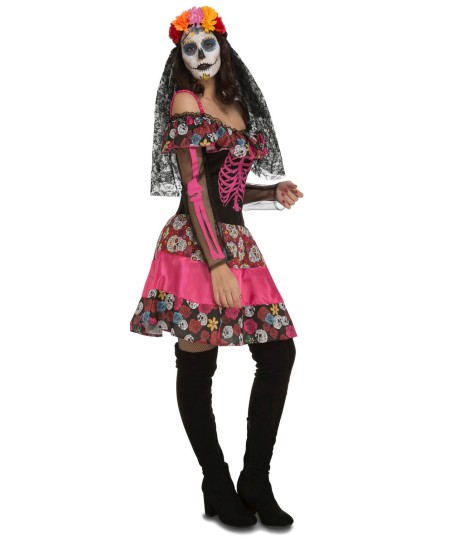 DISFRAZ DE CALAVERA MEXICANA FALDA ROSA