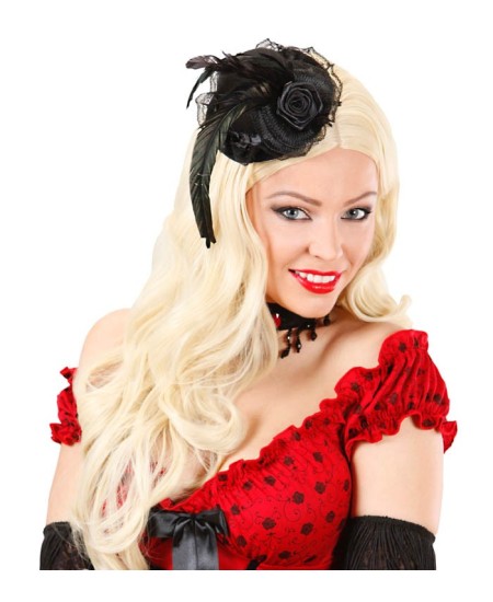 TOCADO NEGRO CON ROSA NEGRA Y PLUMAS