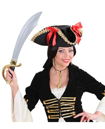 SOMBRERO TRICORNIO PIRATA NEGRO CON LAZOS ROJOS