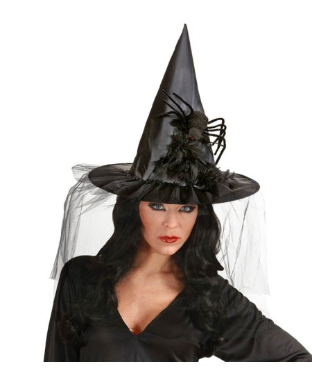 SOMBRERO BRUJA NEGRO CON ARAÑA Y TULES