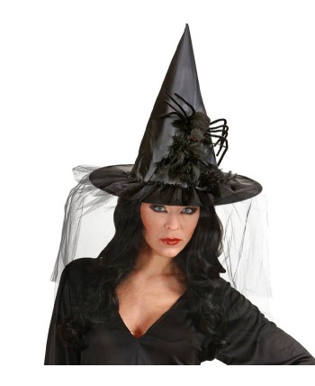 SOMBRERO BRUJA NEGRO CON ARAÑA Y TULES