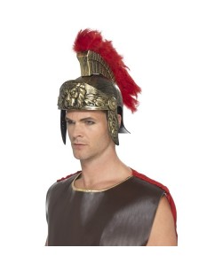 CASCO DE ROMANO DORADO CON PLUMAS ROJAS