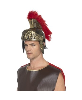 CASCO DE ROMANO DORADO CON PLUMAS ROJAS